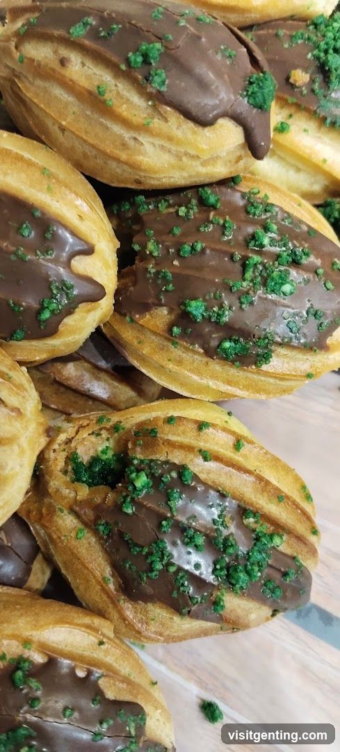 Chocolate-covered pastries with green sprinkles
