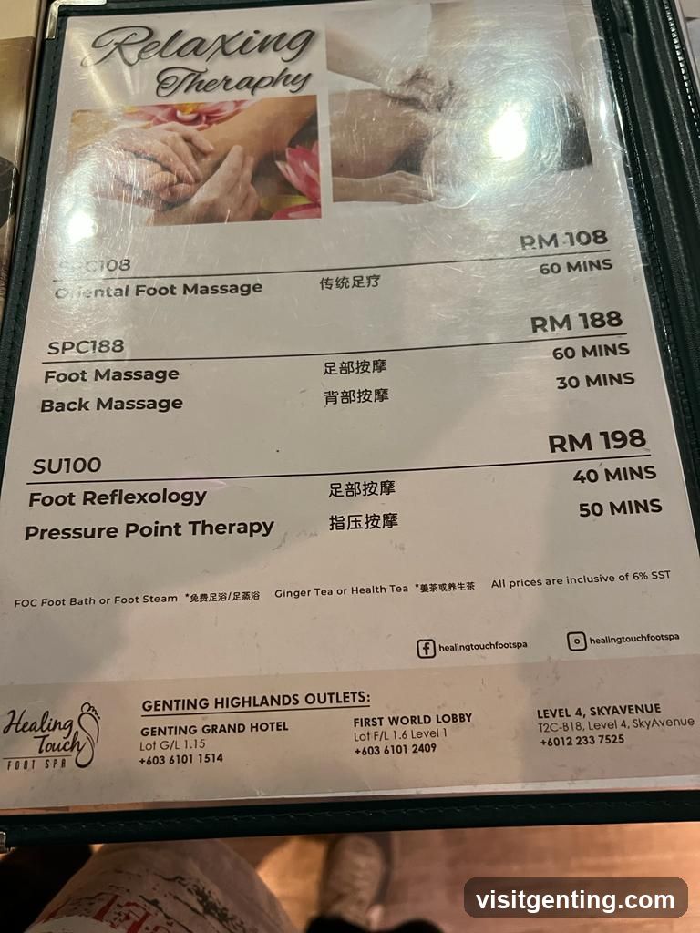 Healing Touch Foot Spa Relaxing Therapy Menu