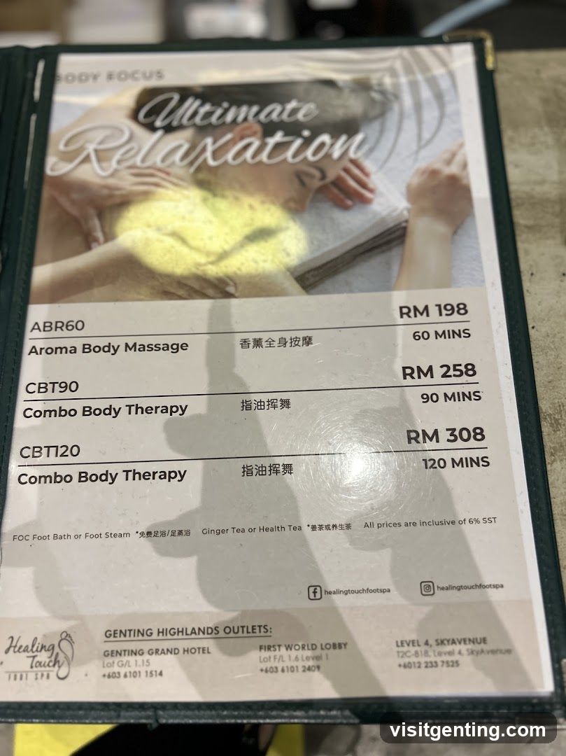 Healing Touch Foot Spa Menu