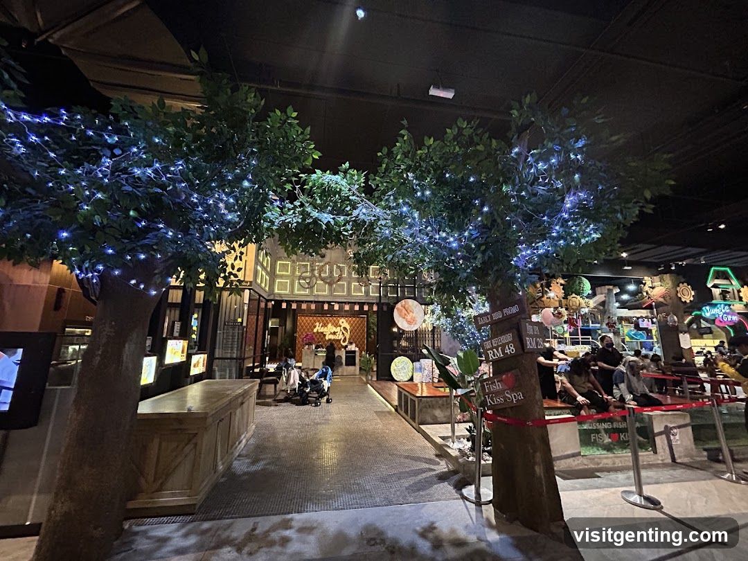 Indoor themed dining area with decorative trees