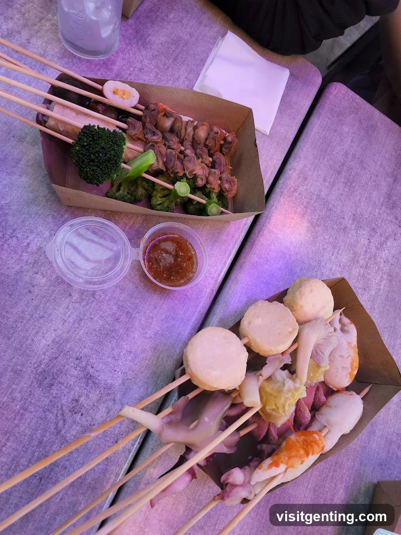 Food skewers on table