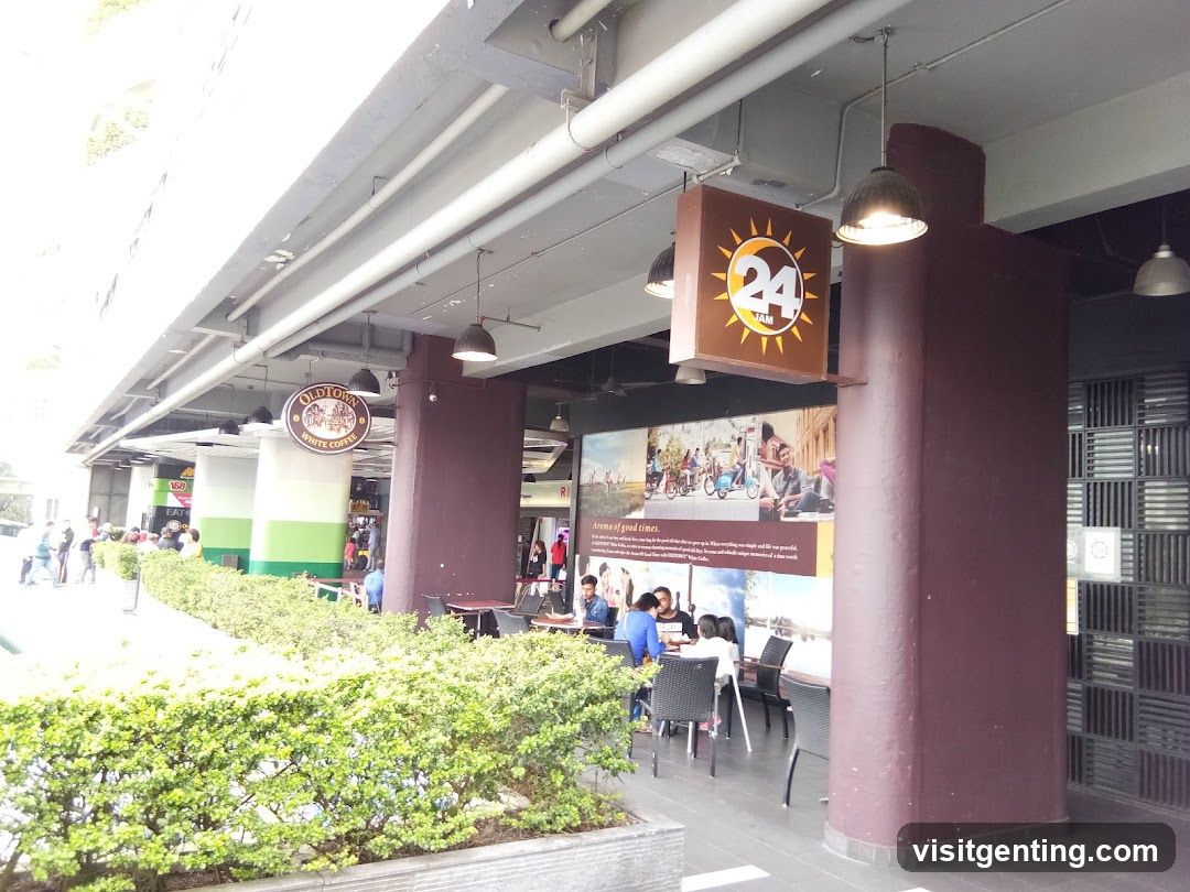 Outdoor seating area with signage