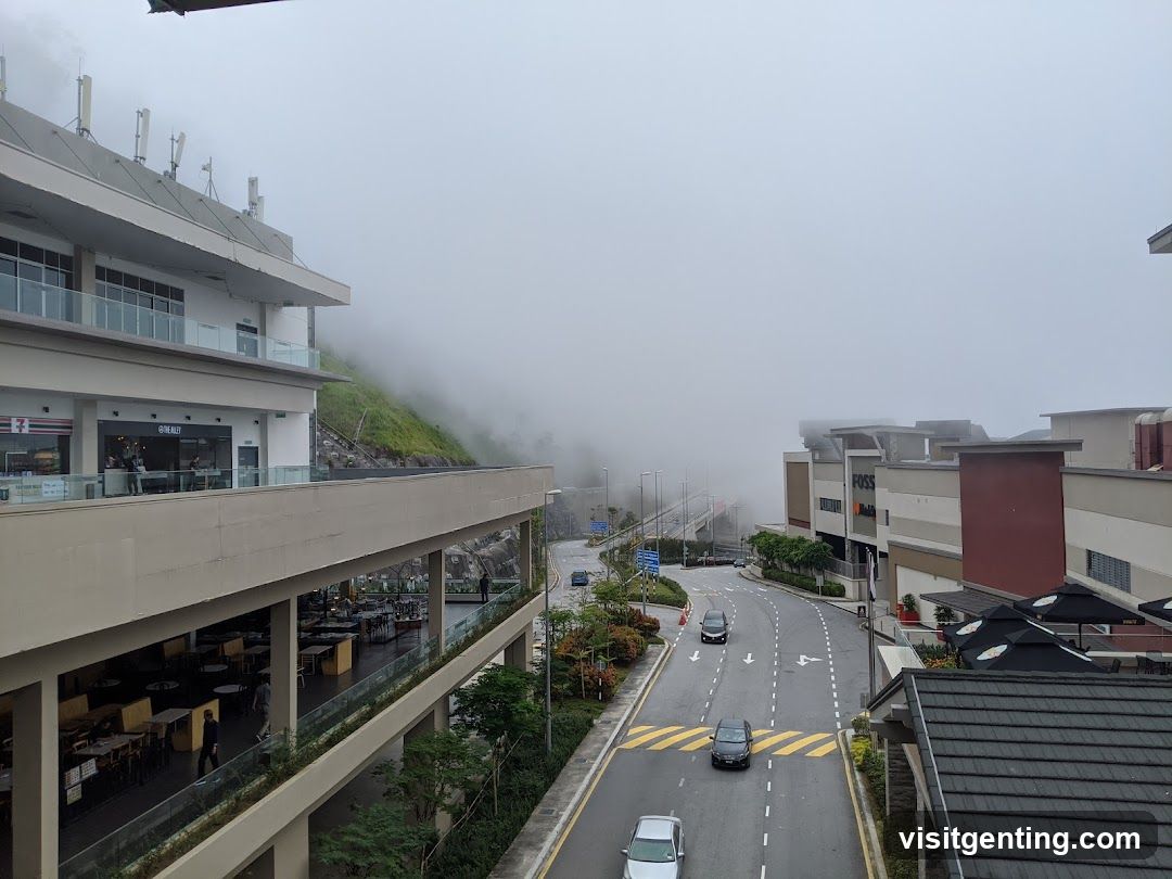 Overlooking foggy commercial street