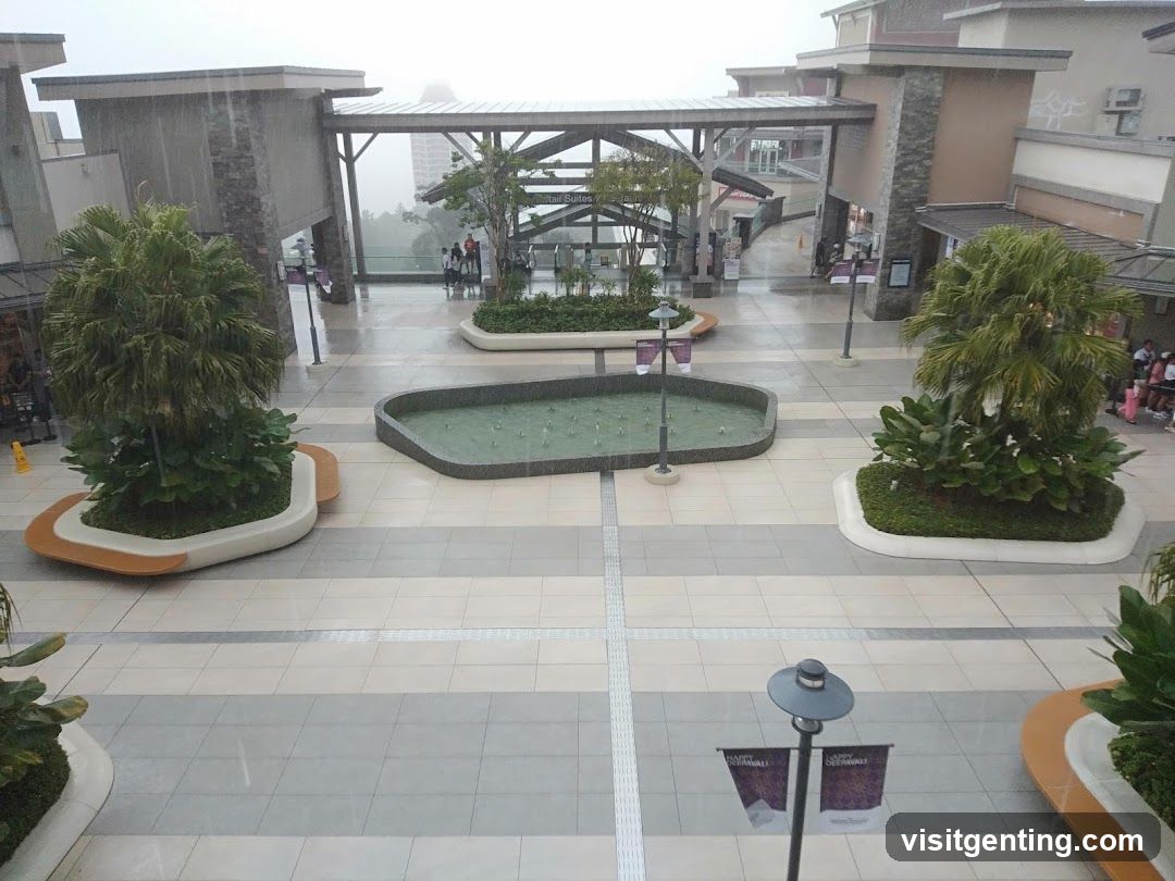 Outdoor shopping plaza during rain
