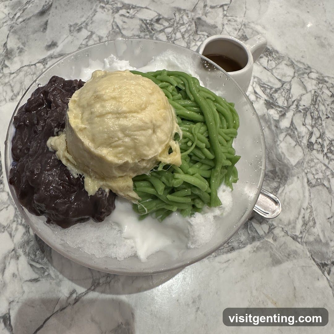Ice cream dessert with green noodles and red bean paste
