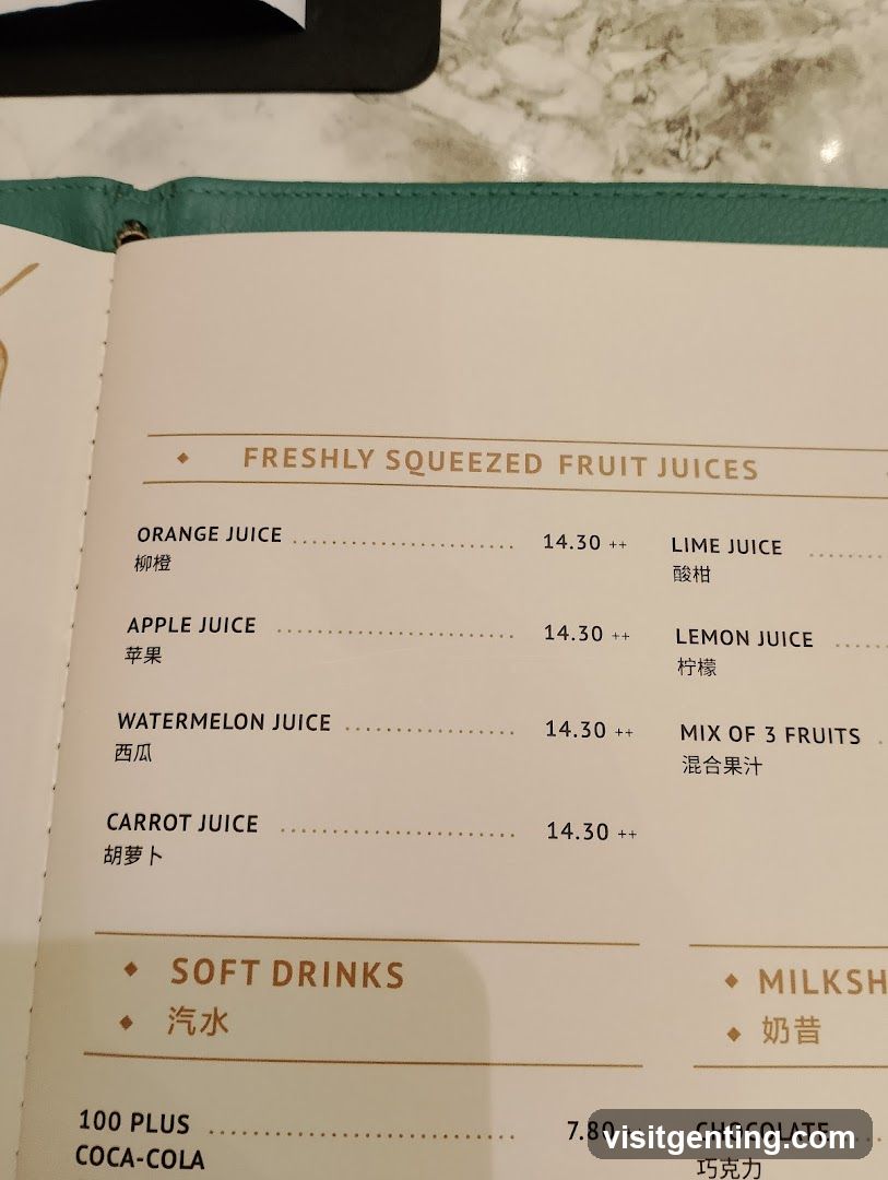 Freshly Squeezed Fruit Juices and Soft Drinks Menu