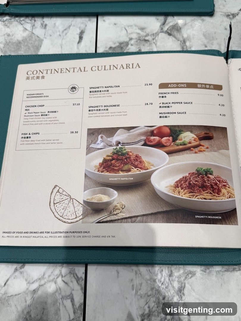 Continental Culinaría Menu