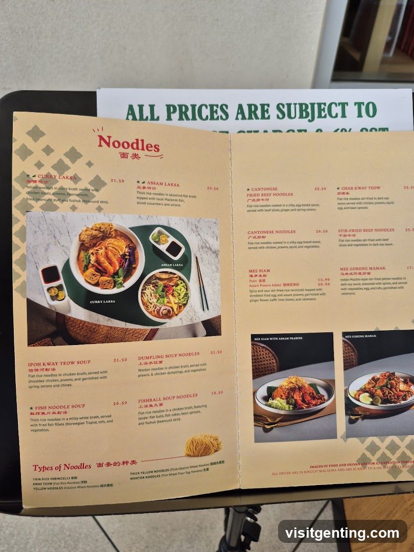 Noodles Section of Menu