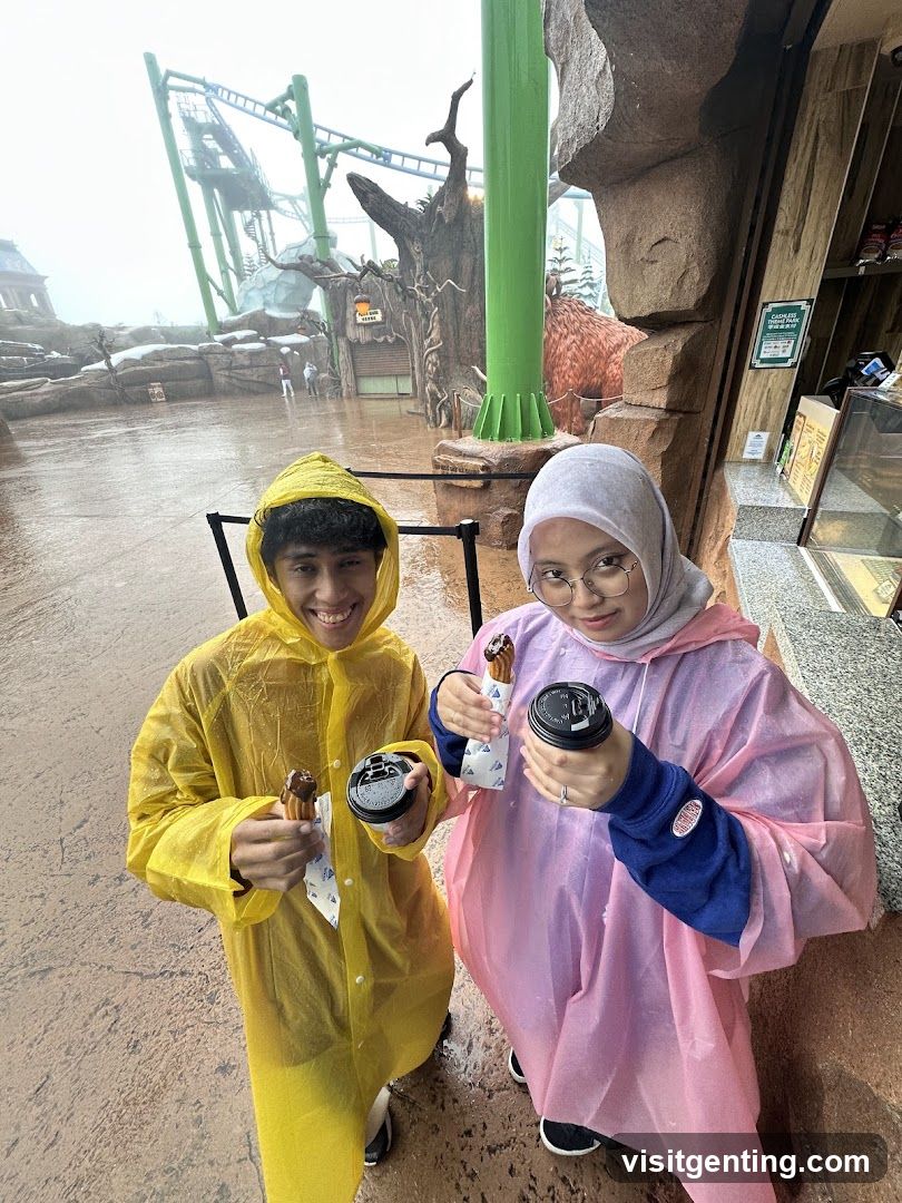 Two people in rain ponchos at an amusement park