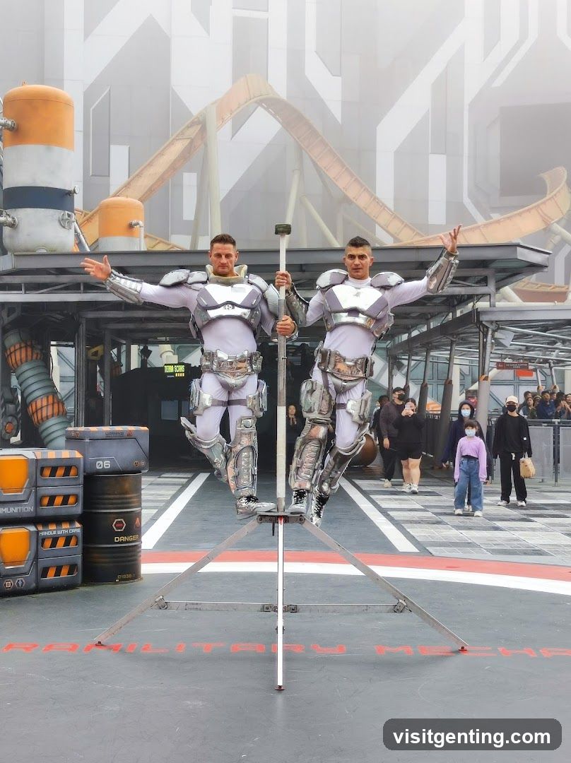 Two performers in futuristic gear posing on a platform