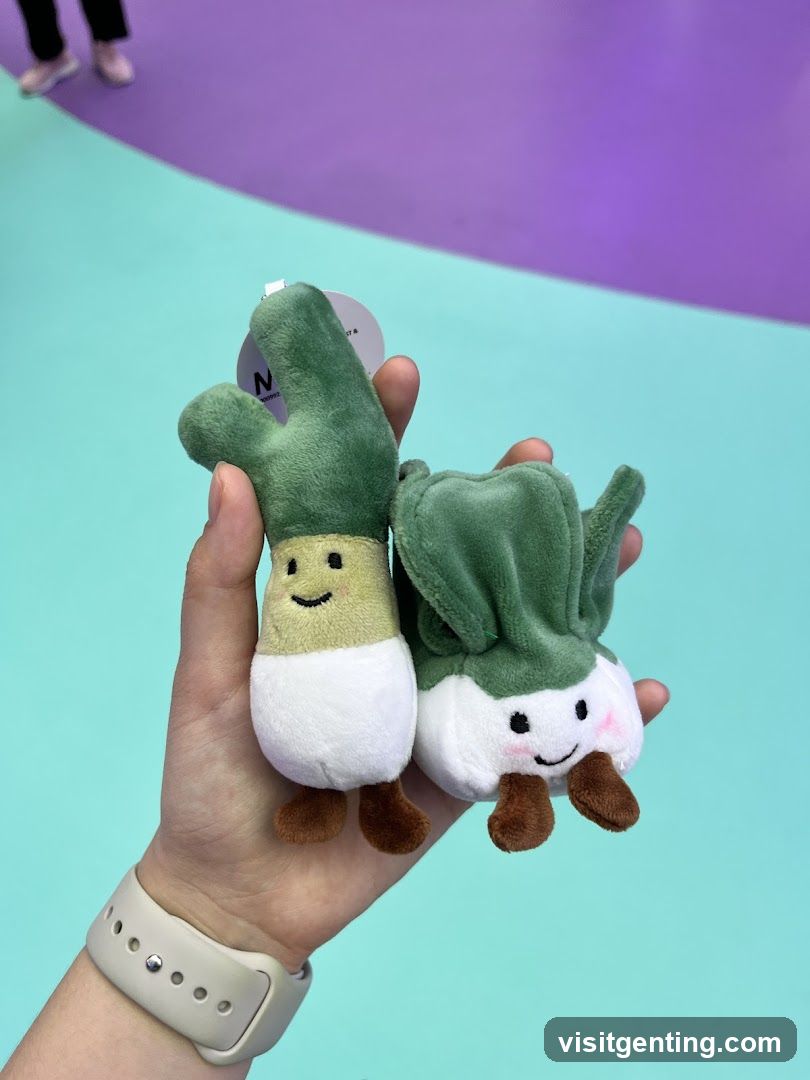 Hand holding plush vegetable toys