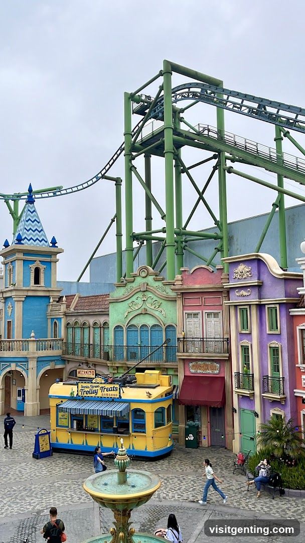 Amusement Park Plaza with Roller Coaster and Buildings