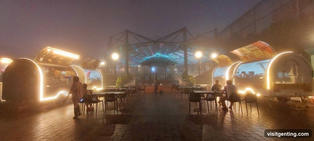 Outdoor dining area at night