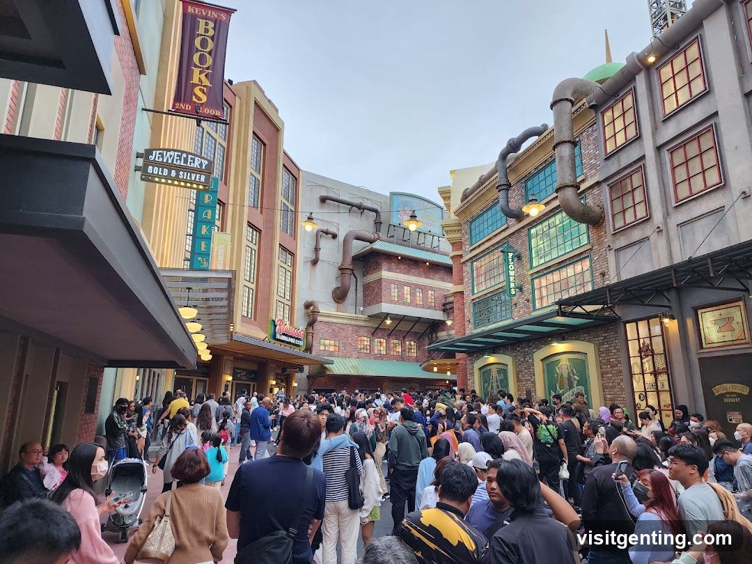 Crowded street scene in themed shopping district