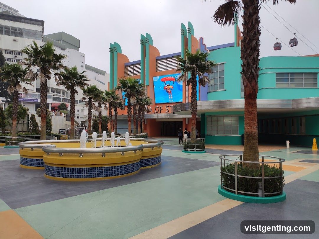 Outdoor plaza with colorful building facade