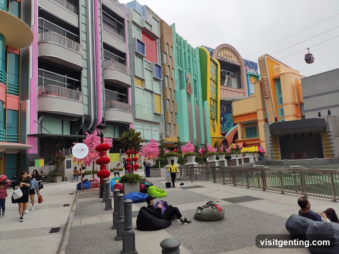 Outdoor shopping area with colorful buildings