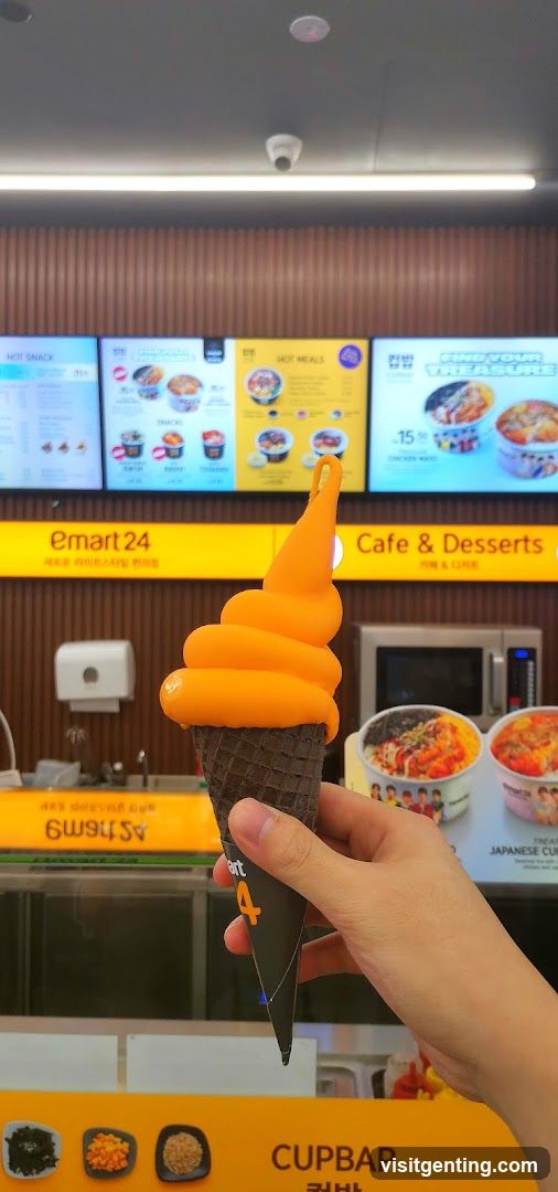 Hand holding orange soft serve ice cream