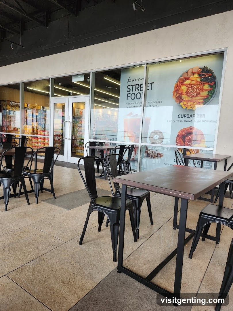 Outdoor seating area of a Korean street food shop