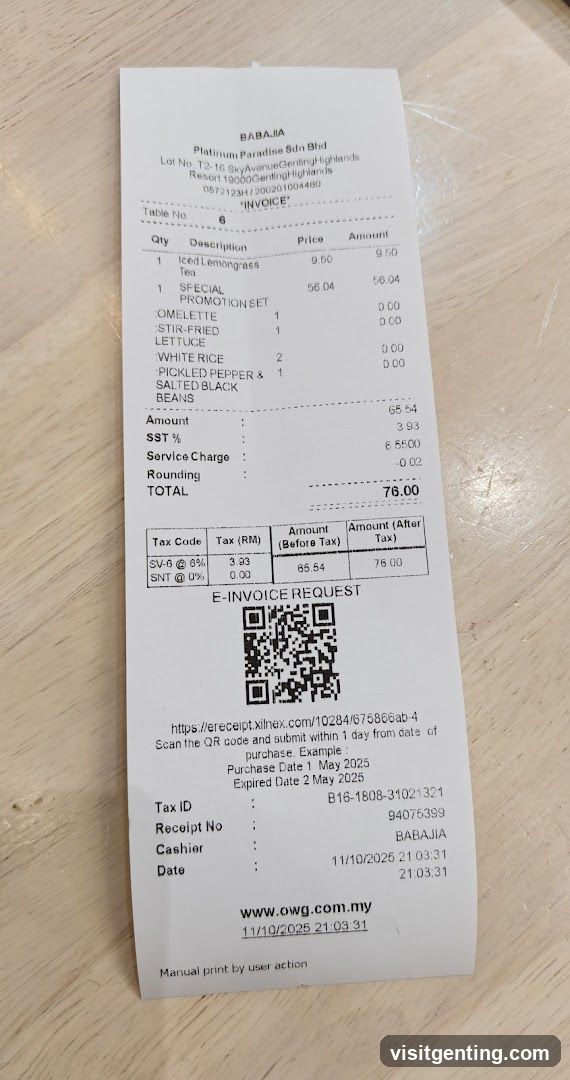 Receipt from BabaJia Restaurant