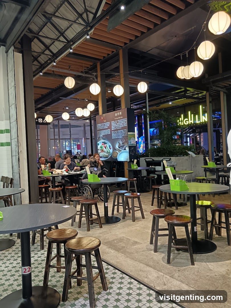 Indoor dining area with tables and stools