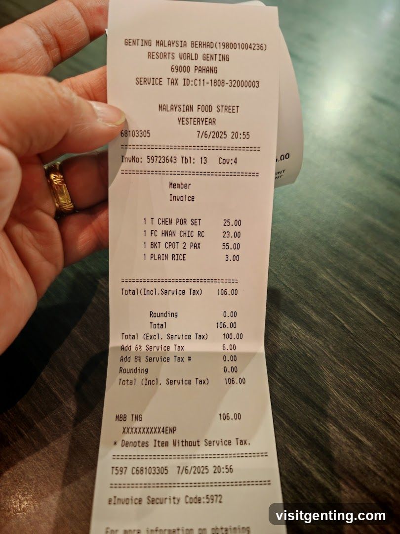 Receipt from Malaysian Food Street at Resorts World Genting
