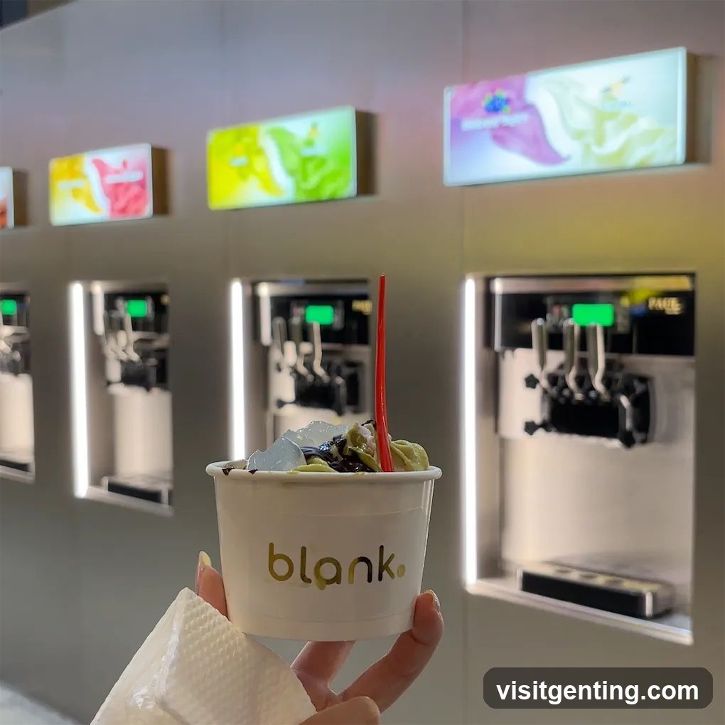 Hand holding ice cream cup in front of soft serve machines