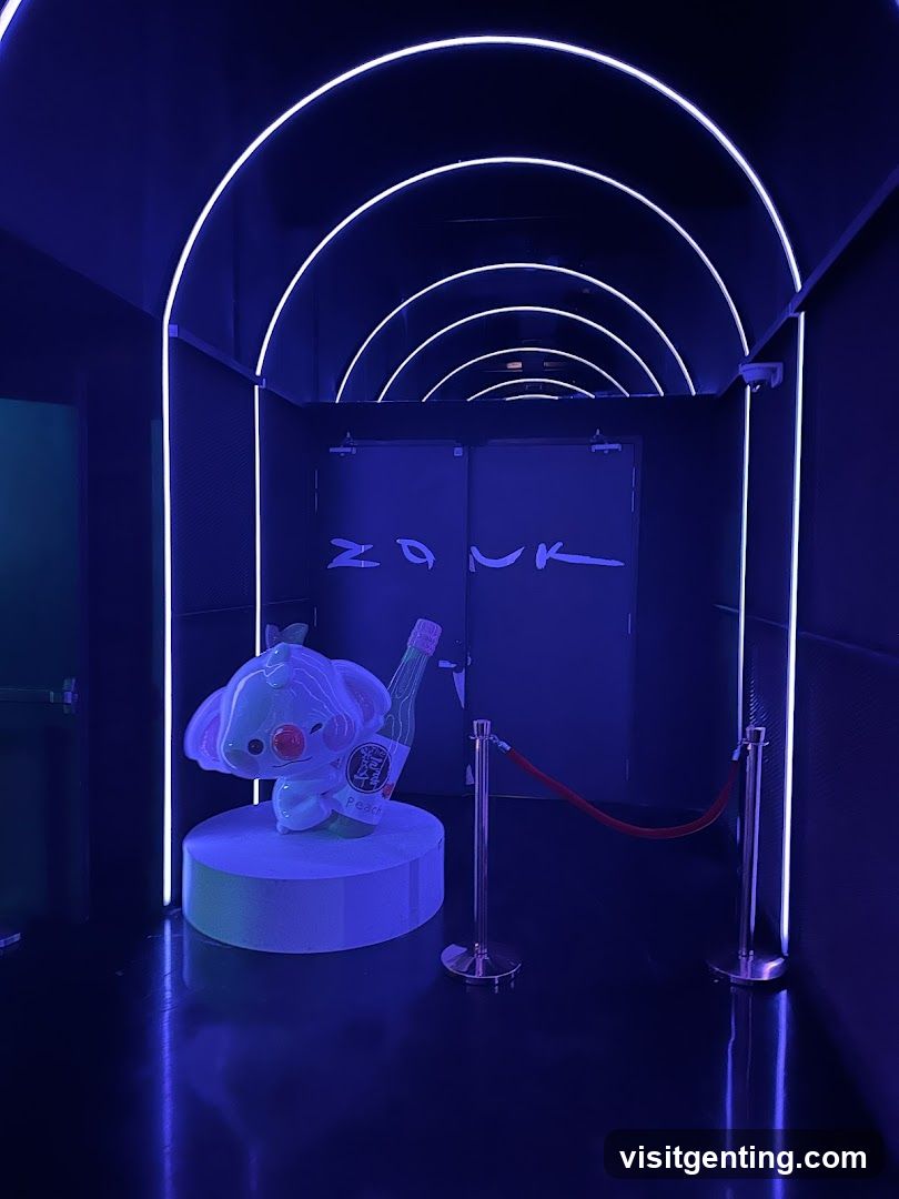 Neon-lit interior hallway
