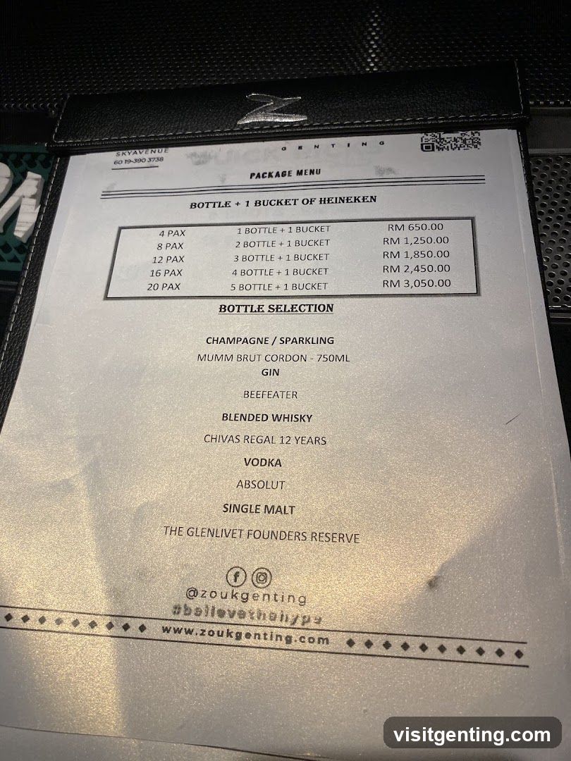 Package Menu at Zouk Genting