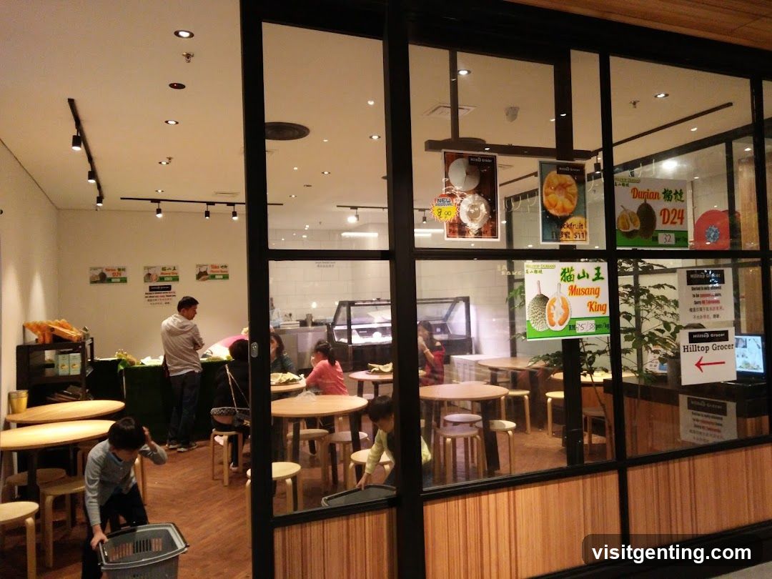 Interior view of a grocery or food court through glass storefront
