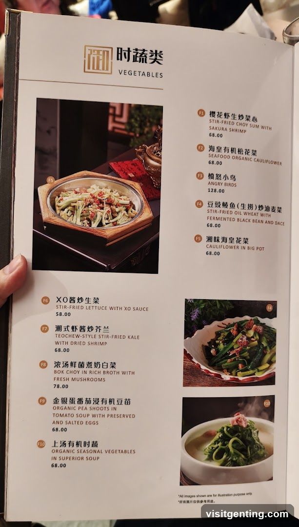 Vegetables Section of Menu