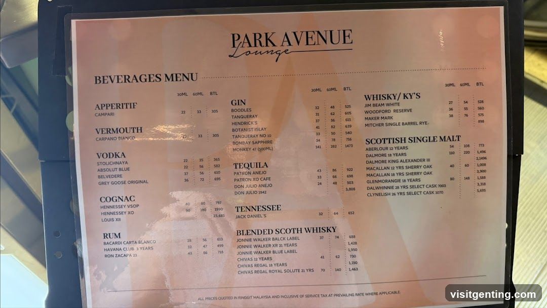 Park Avenue Lounge Beverages Menu