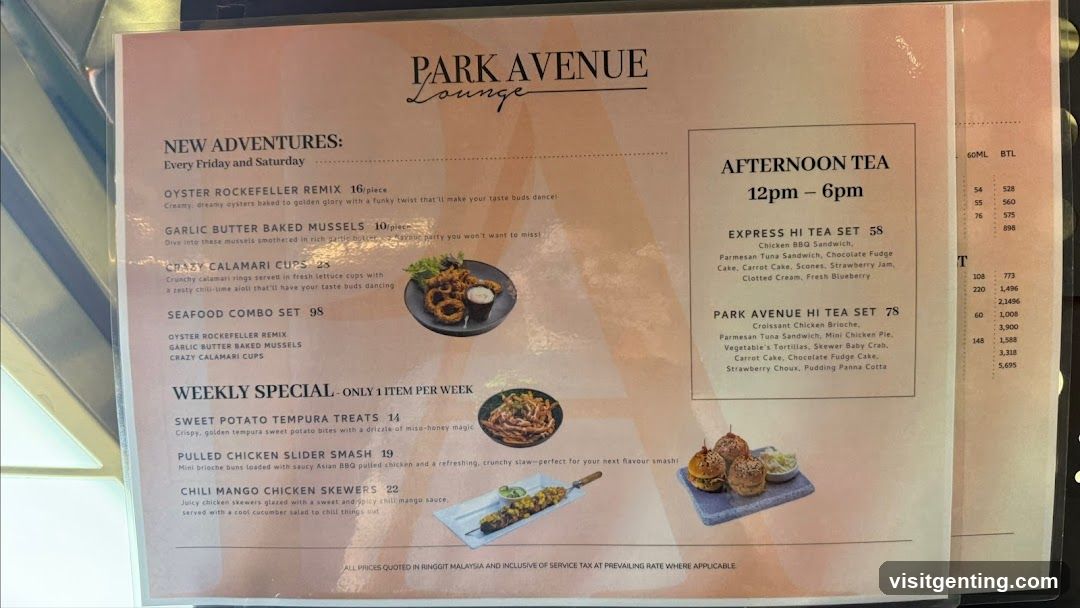 Park Avenue Lounge Menu