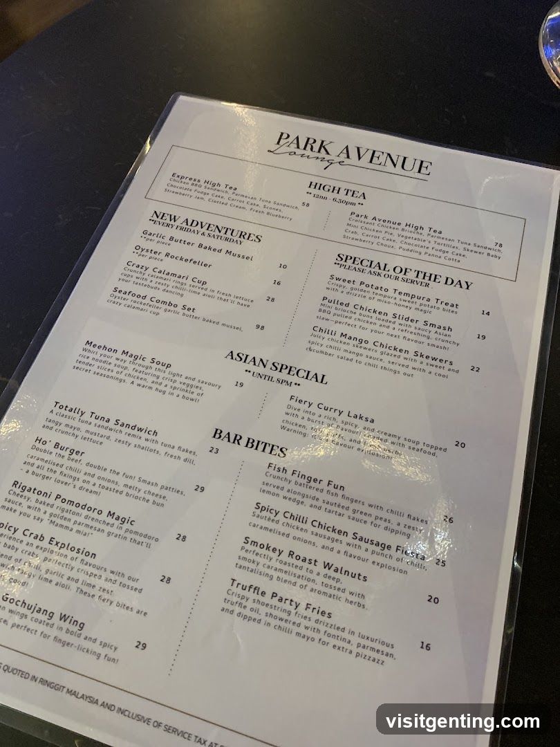 Park Avenue Lounge Menu