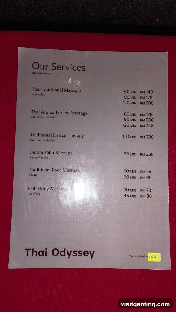 Thai Odyssey Services Menu