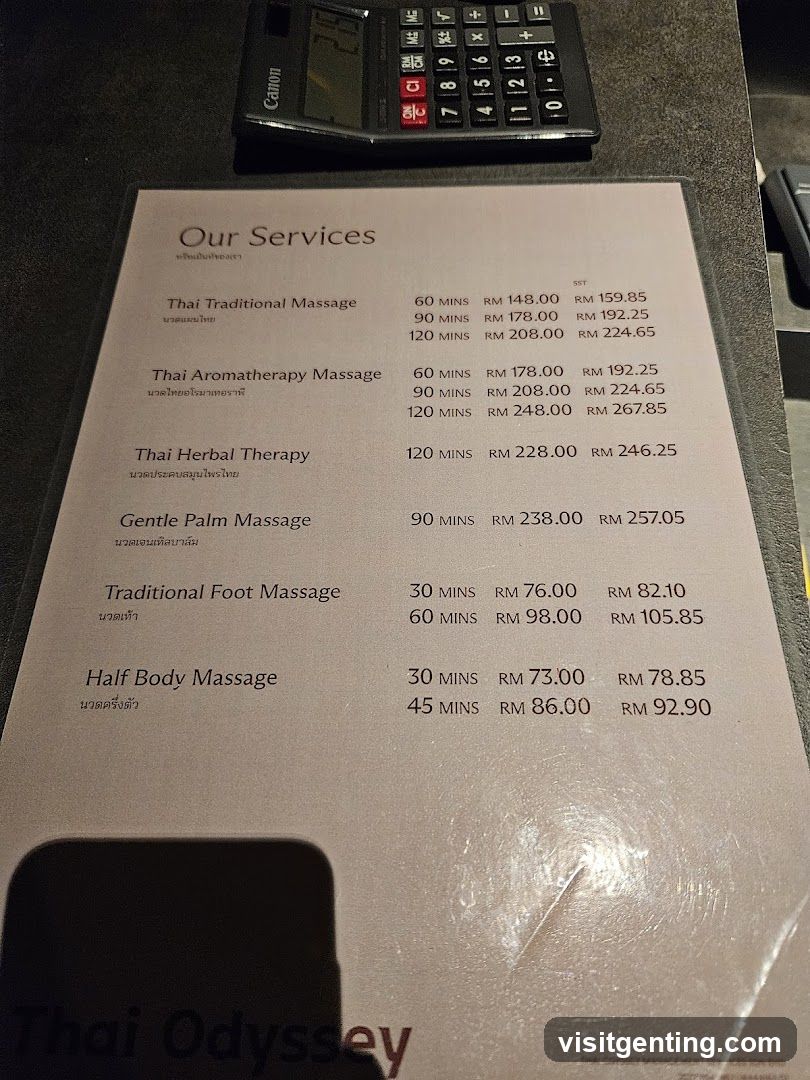 Thai Odyssey Services Menu