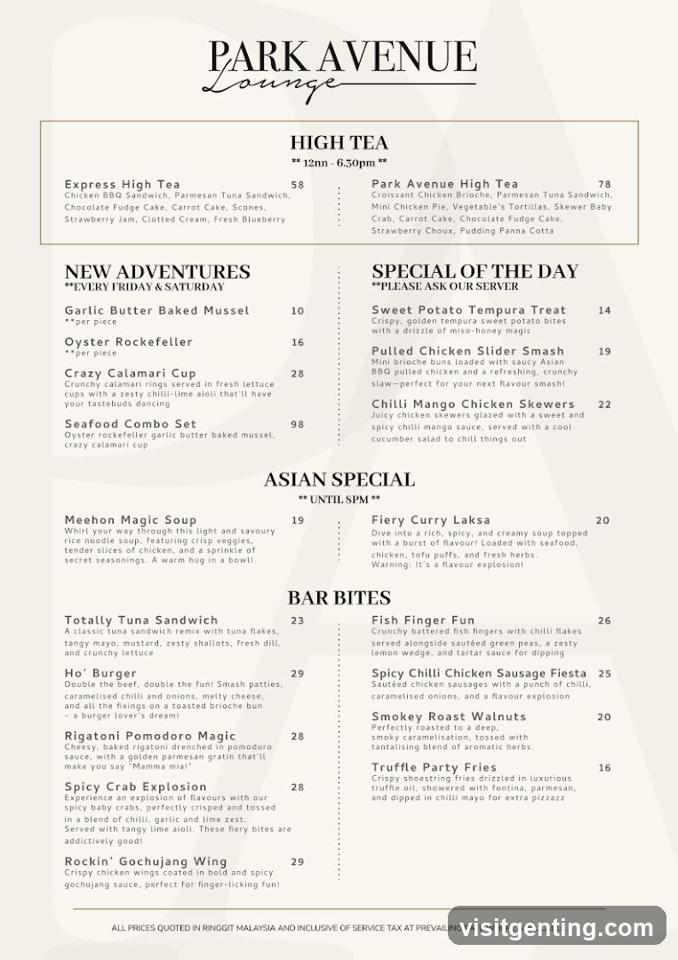 Park Avenue Lounge Menu