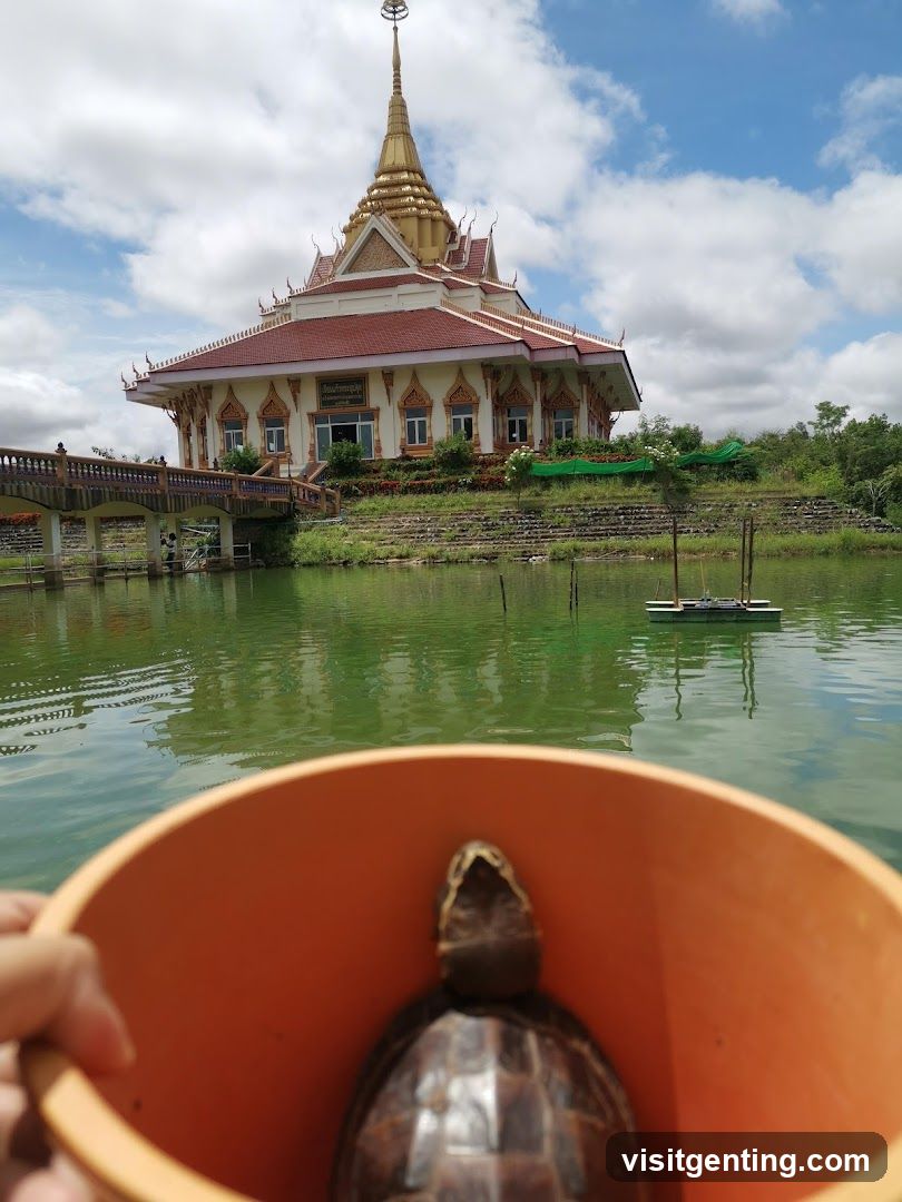 Turtle in Bucket with Temple Background
