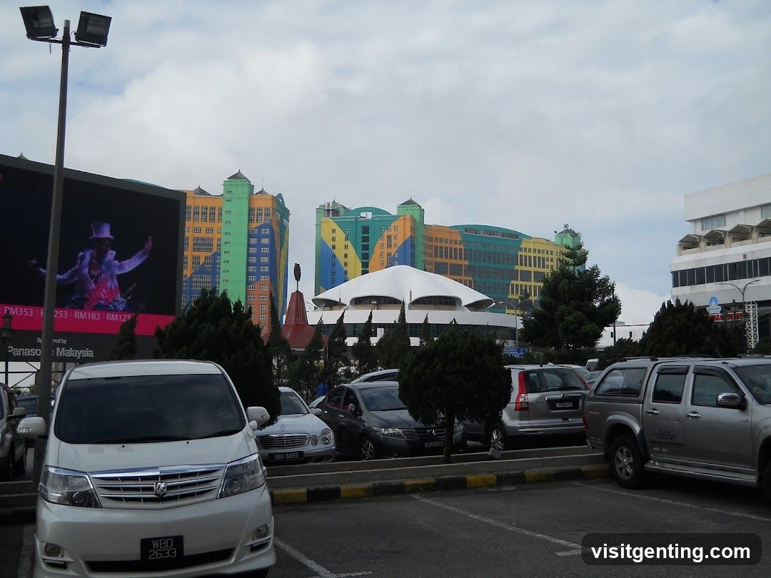 Urban parking lot with colorful buildings in background