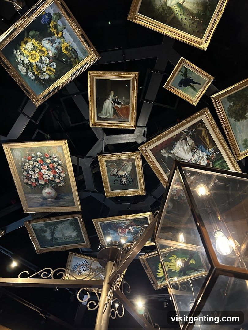 Ceiling Display of Framed Artworks