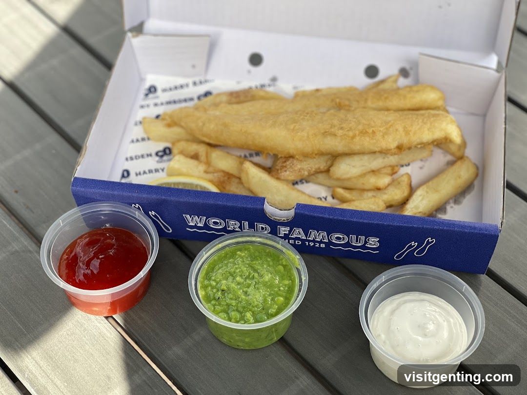 Fish and chips meal with sauces