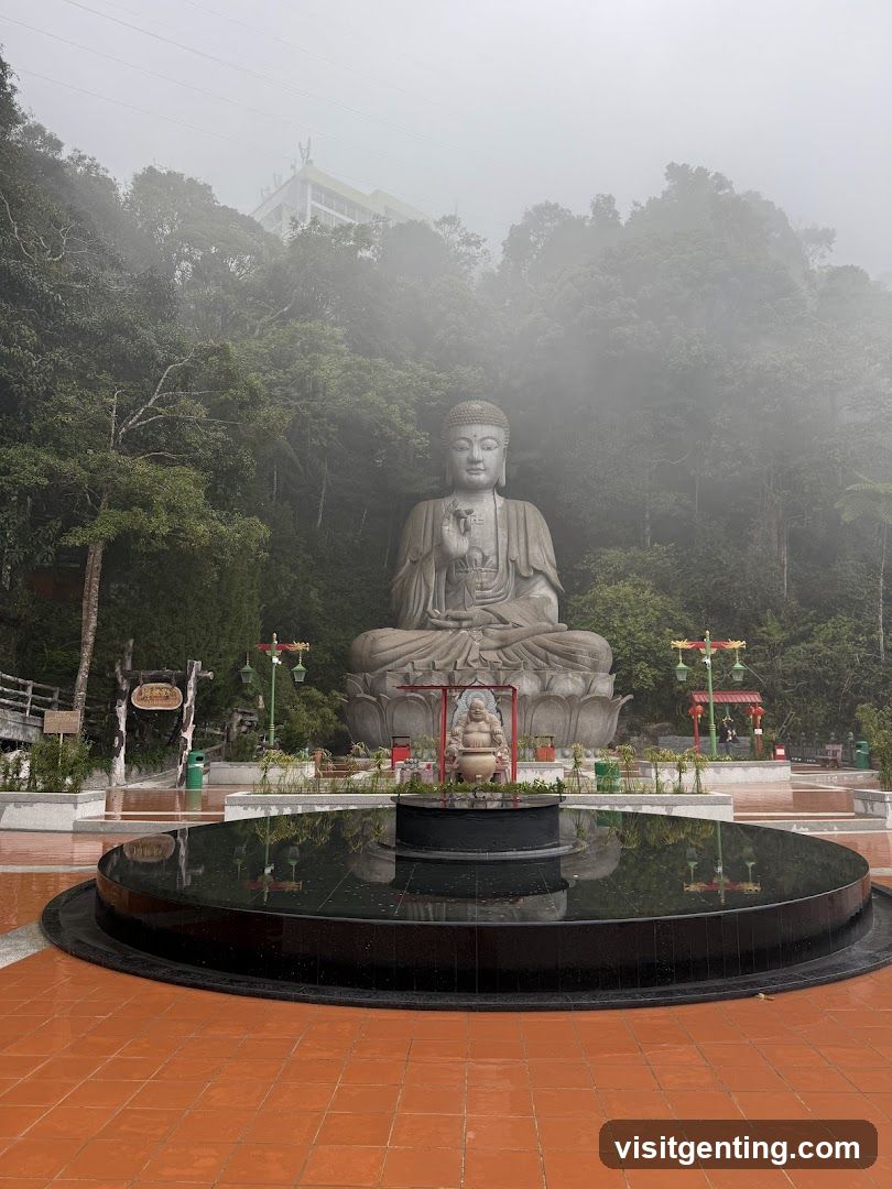 Buddha Statue in Foggy Forest Setting