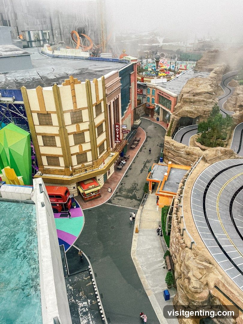 Overlooking theme park area with foggy ambiance