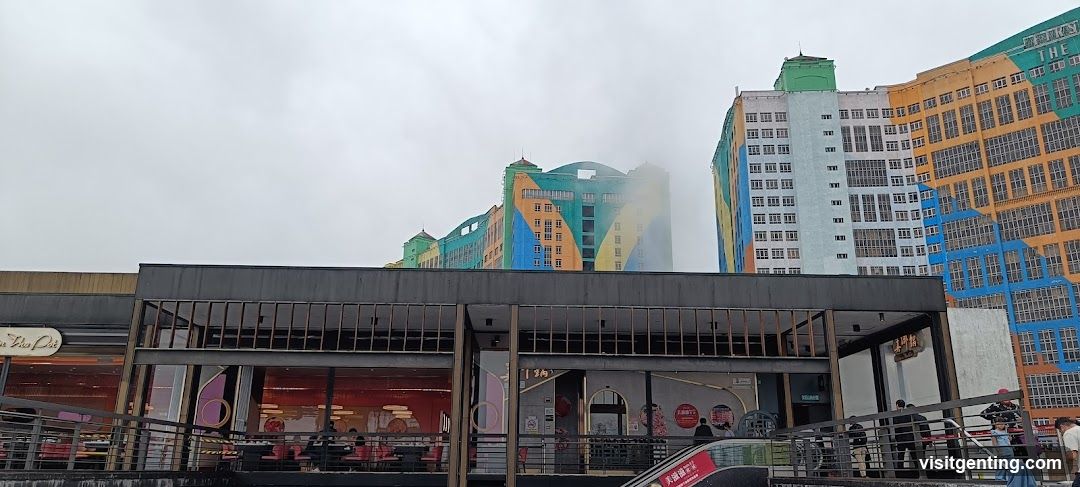 Urban commercial area with multi-colored buildings