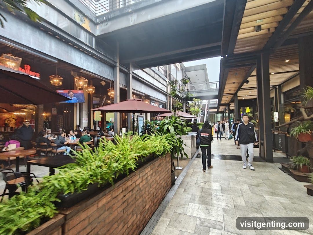 Outdoor shopping arcade with cafes and pedestrians