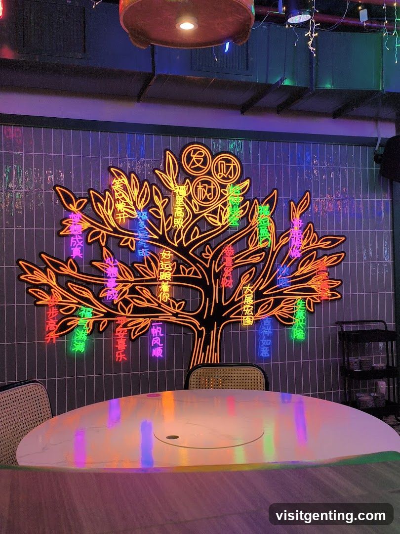 Neon Tree Wall Art in Restaurant Interior