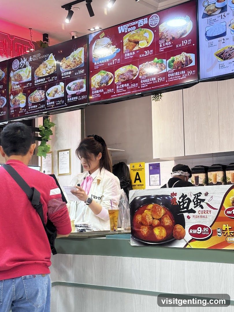 Restaurant counter with staff and customer