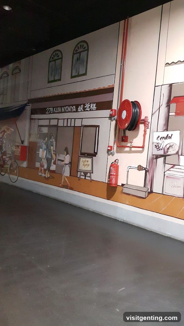 Interior mural depicting a street scene with food stalls