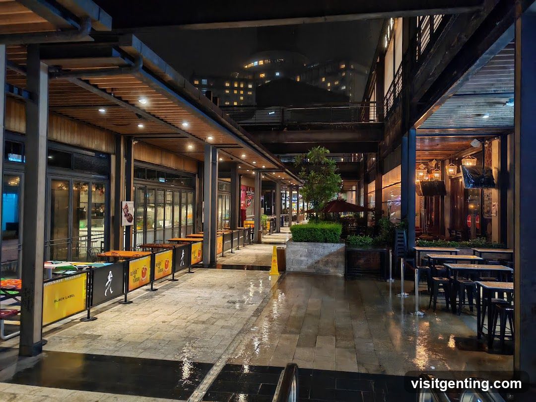 Outdoor dining area at night