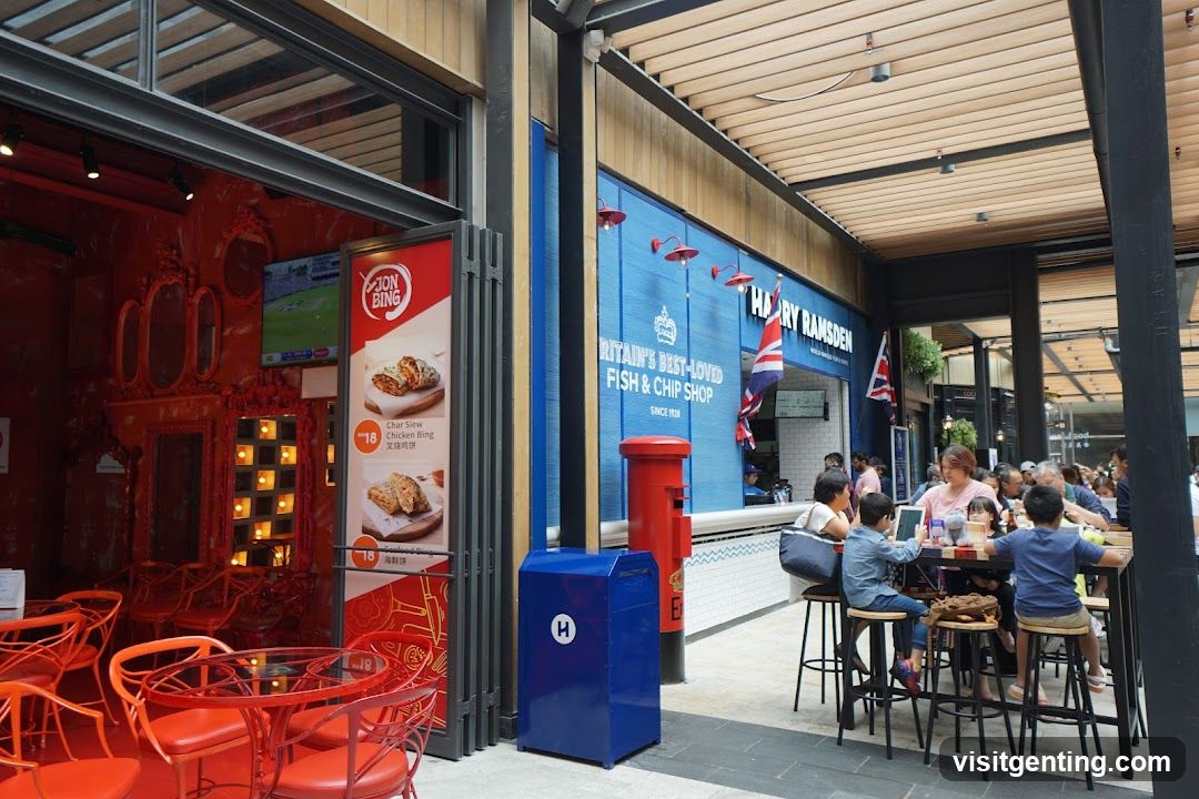 Outdoor dining area with multiple shops
