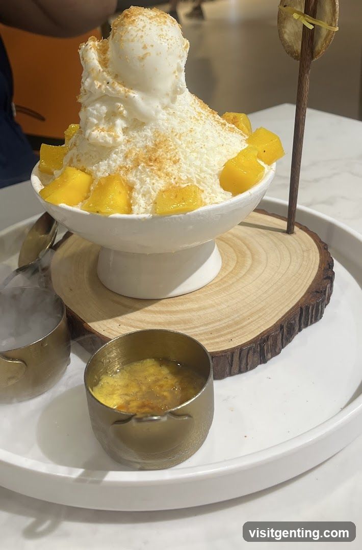 Mango topped shaved ice dessert